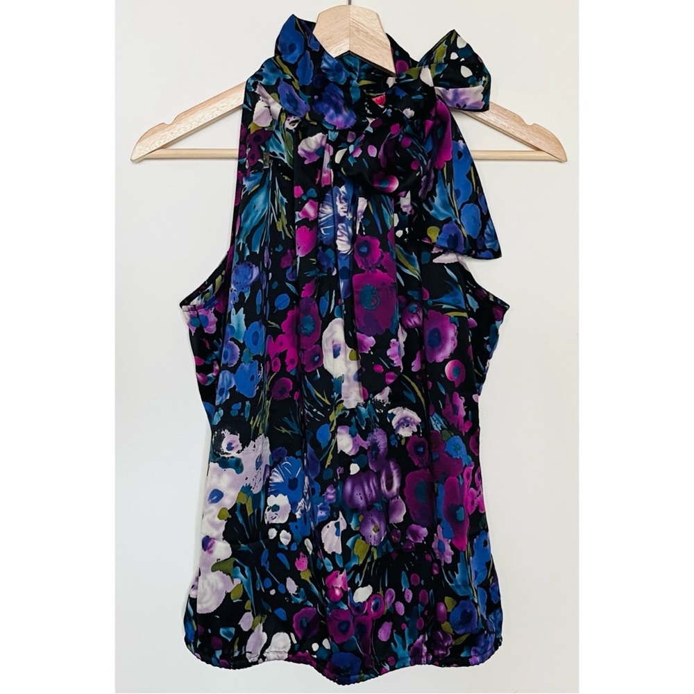 Sunny Leigh • S • Vibrant Floral Tie Neck Sleeveless Halter Blouse Elastic Waist